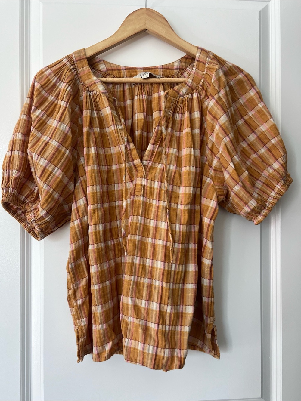 [LOFT] Boho Plaid Puff-Sleeve Peasant Top - Mustard